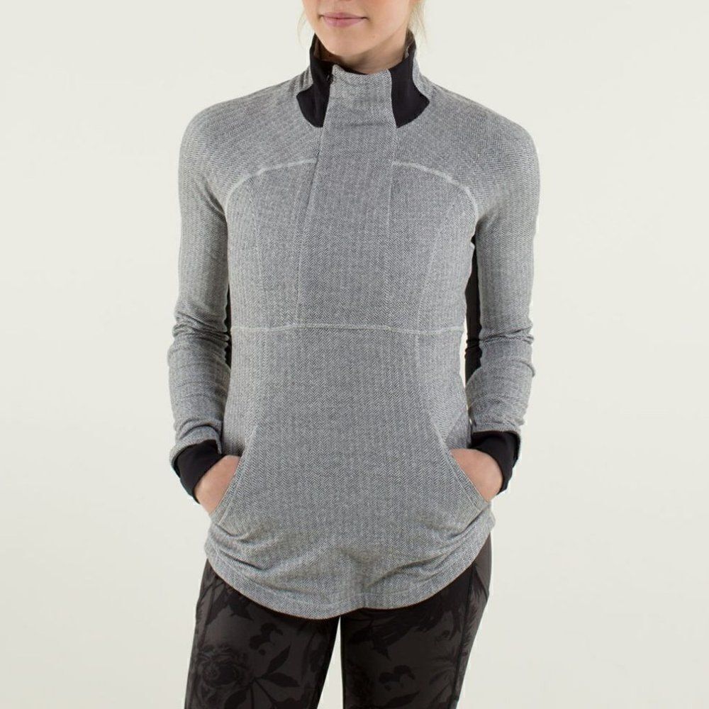 Lululemon Base Runner 1/2 Zip Heathered Herringbone Heathered Black White Black